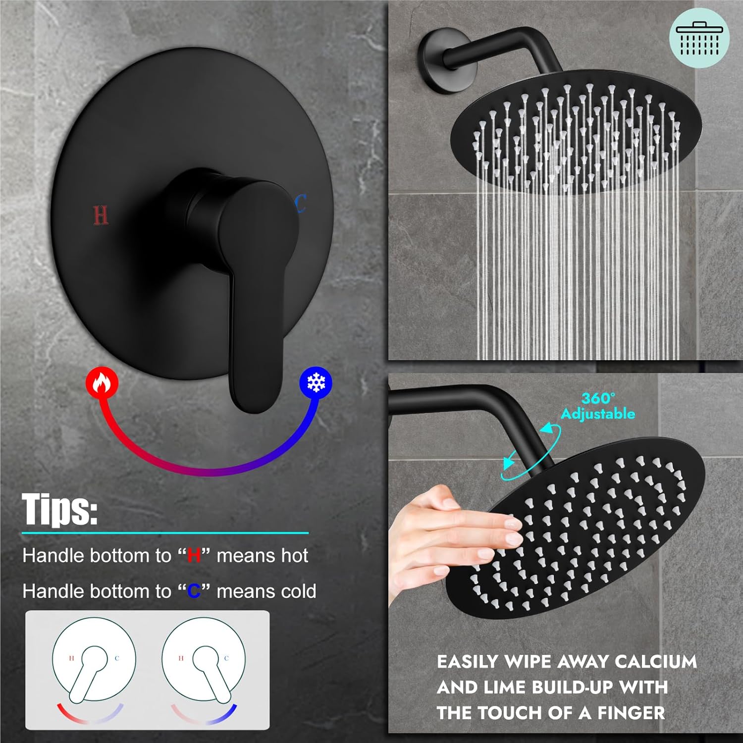 Heyalan Shower Faucet Set with Valve Kit,8 Inch Bathroom Rainfall Shower Head and Handle Set System Trim Kit,Female Thread Valve Single Function,Matte Black - Image 5