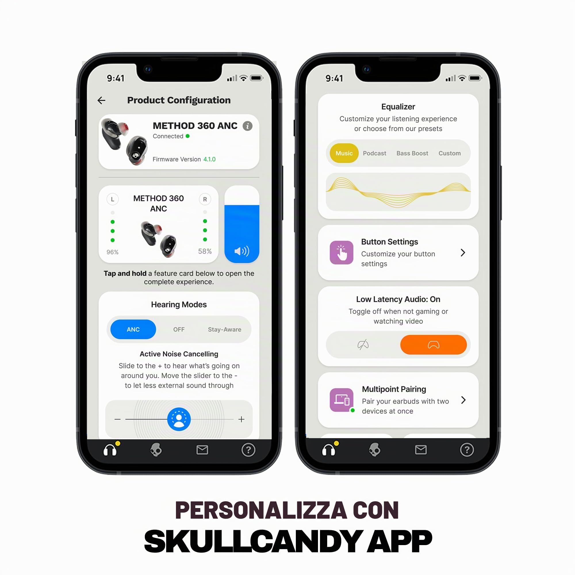 Skullcandy Method - Auricolari wireless 360 ANC, Sound by Bose, cuffie Bluetooth, cancellazione del rumore premium, batteria fino a 40 ore, resistente al sudore e all'acqua, microfono per iPhone e
