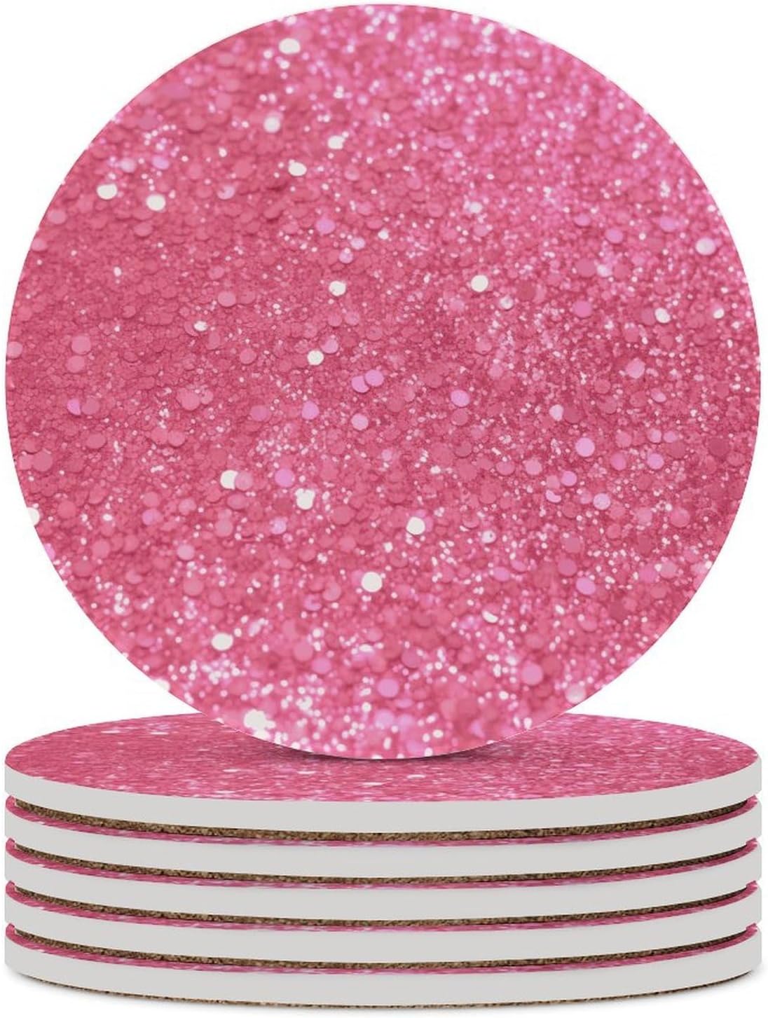 6PCS Sparkling Glitter Coasters Non-Slip Round Drink Coasters with Ceramic Stone and Cork Base, Heat Resistant Absorbent 33.00Stone Coaster Set for Kinds of Mugs and Cups, 4 Inch