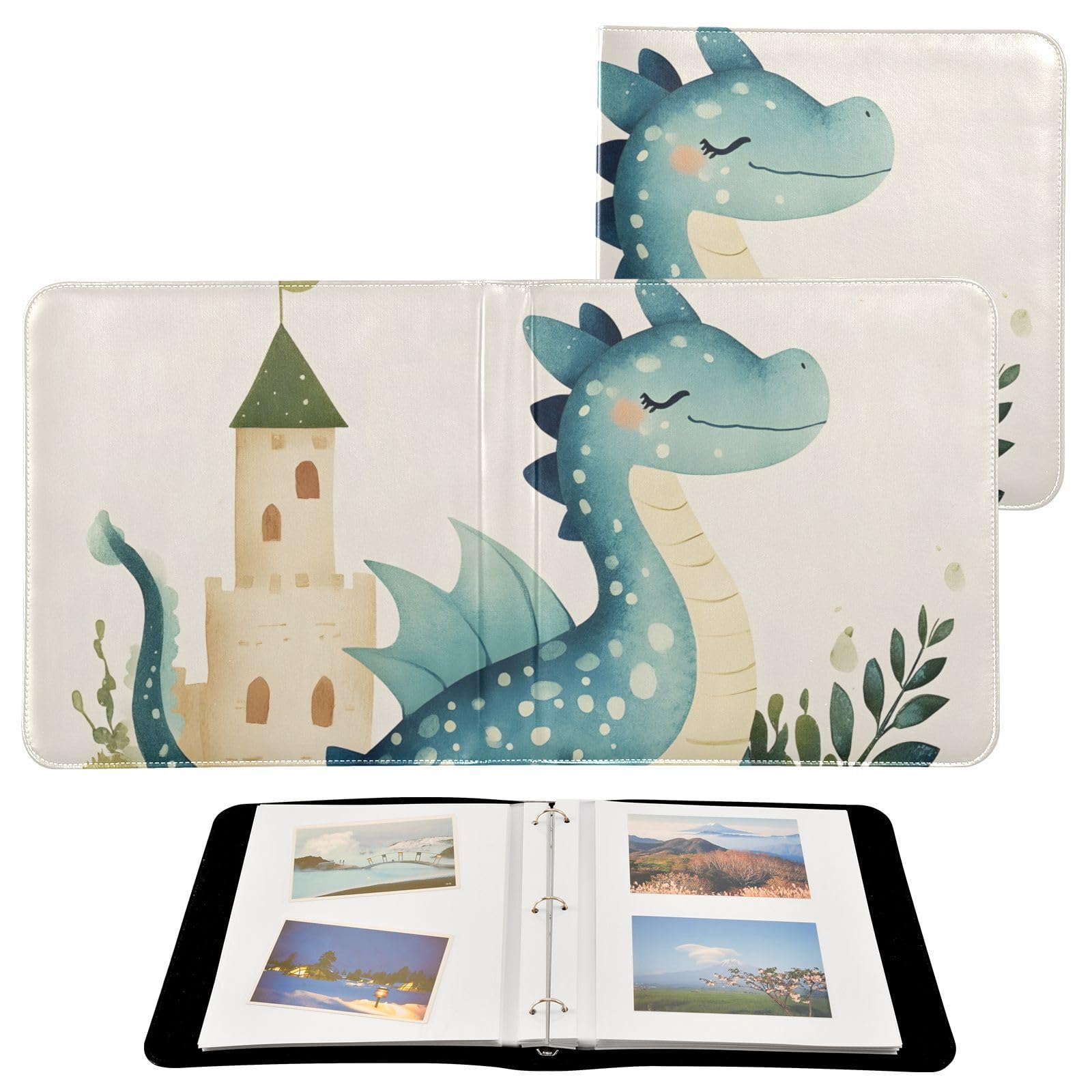 FOLIOSA Photo Album Dinosaur Castle Print, Leather Cover Self Adhesive Scrapbook Album for 2x3/4x6/5x7/6x8 in Photos for Family Travel Wedding