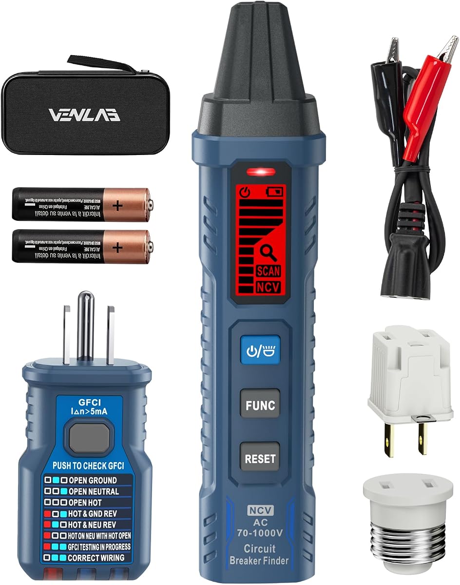 Buscador de disyuntores con pantalla LCD, probador de salida GFCI, herramienta de seguimiento de circuito eléctrico de 90-130 V con NCV Tset y linterna, incluye estuche de transporte con adaptador, pinzas de cocodrilo -VCT03P