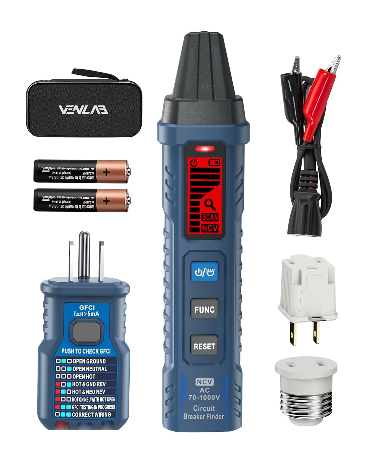 Circuit Breaker Finder with LCD Display, GFCI Outlet Tester, 90-130V Electrical Circuit Tracer Tool with NCV Tset & Flashlight, Includes Carrying Case with Adapter, Alligator Clips