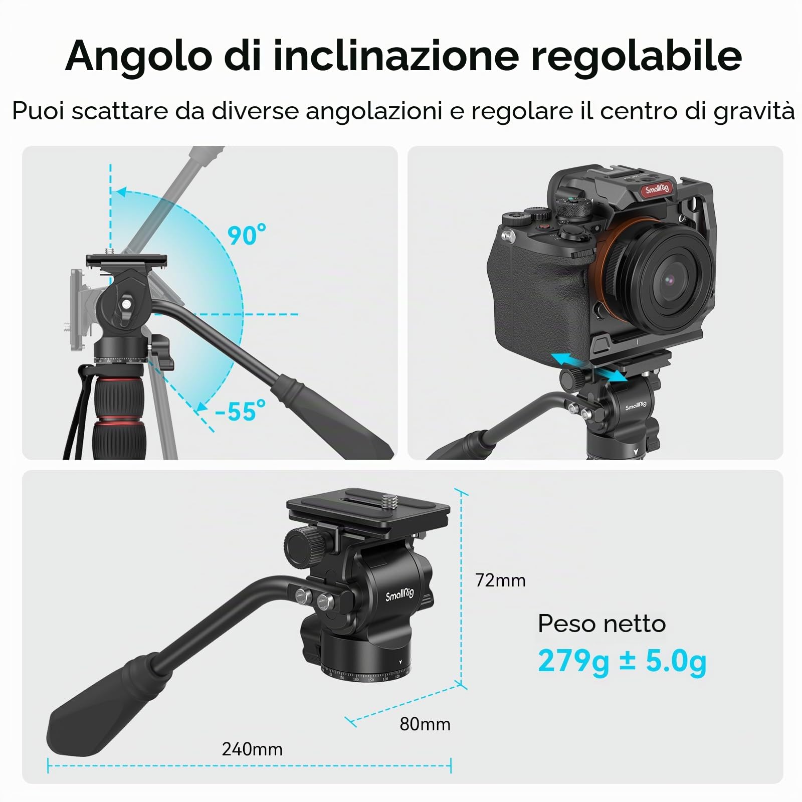 SMALLRIG Treppiede Testa Fluida Testa Pan-Tilt CH10 con Piastra a Sgancio Rapido per Arca Swiss, Carico Utile 3KG per Videocamere Compatte e Fotocamere DSLR - 3259B