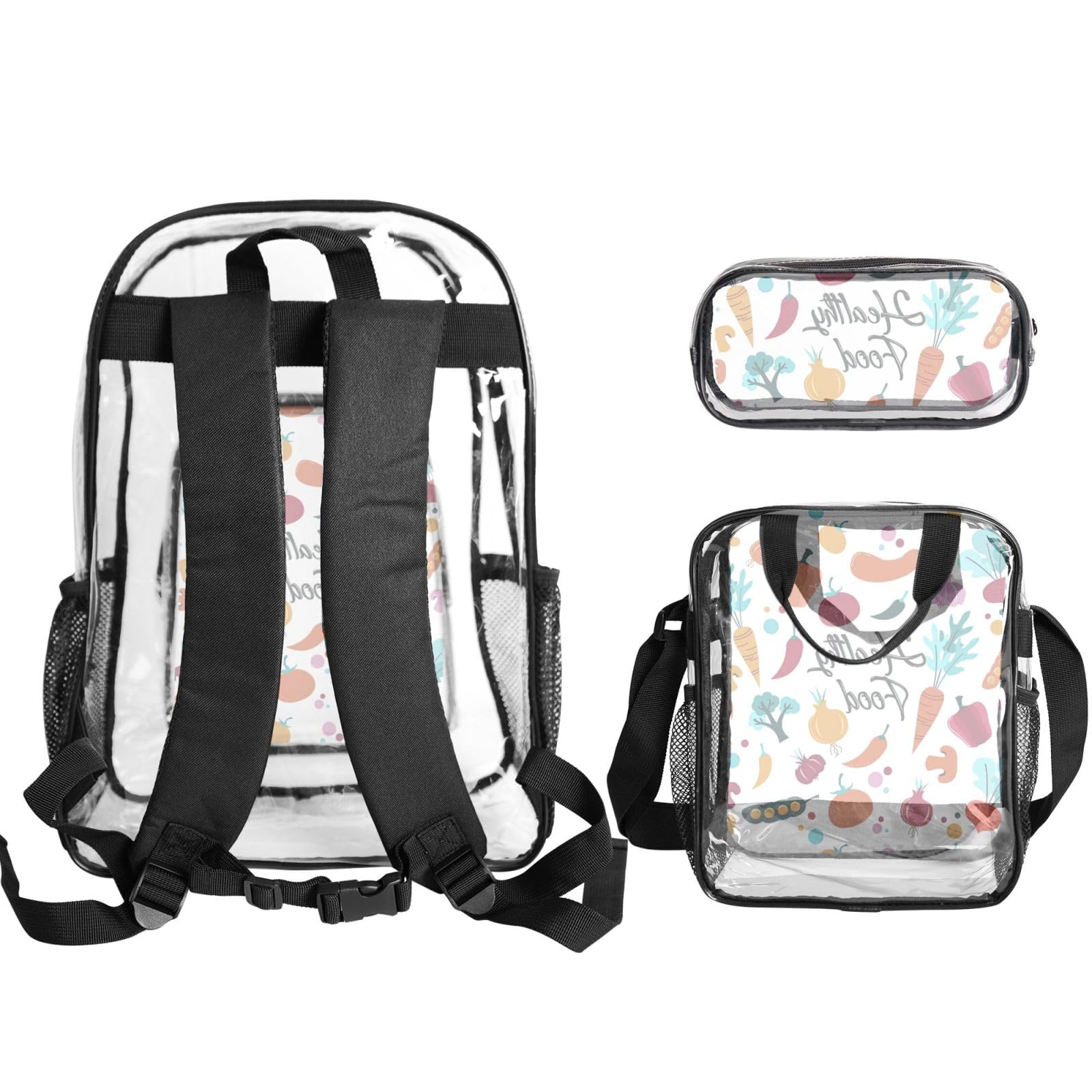 Set di 3 borse trasparenti per bambini, con stampa di alimenti sani, borsa trasparente con borsa termica per il pranzo inclusa