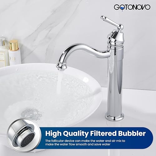 Miniatura 3 de gotonovo Grifos para lavabo de baño, cromo pulido, un solo mango, cuerpo alto, caño giratorio, acabado plateado, desagüe desplegable sin