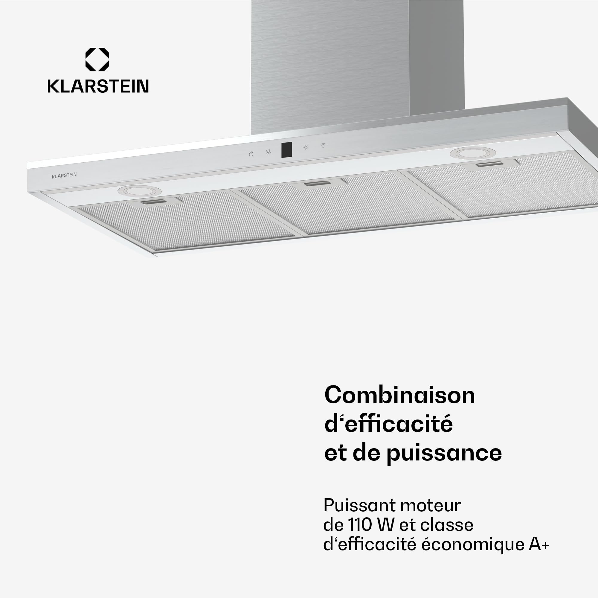 Klarstein Auriana Hotte Murale - 90cm Hotte Aspirante, Débit 700 m³/h, A+ Énergie, Éclairage LED 6000K, WiFi & Tactile, Silencieuse 56 dB, Filtre à Charbon, Noir
