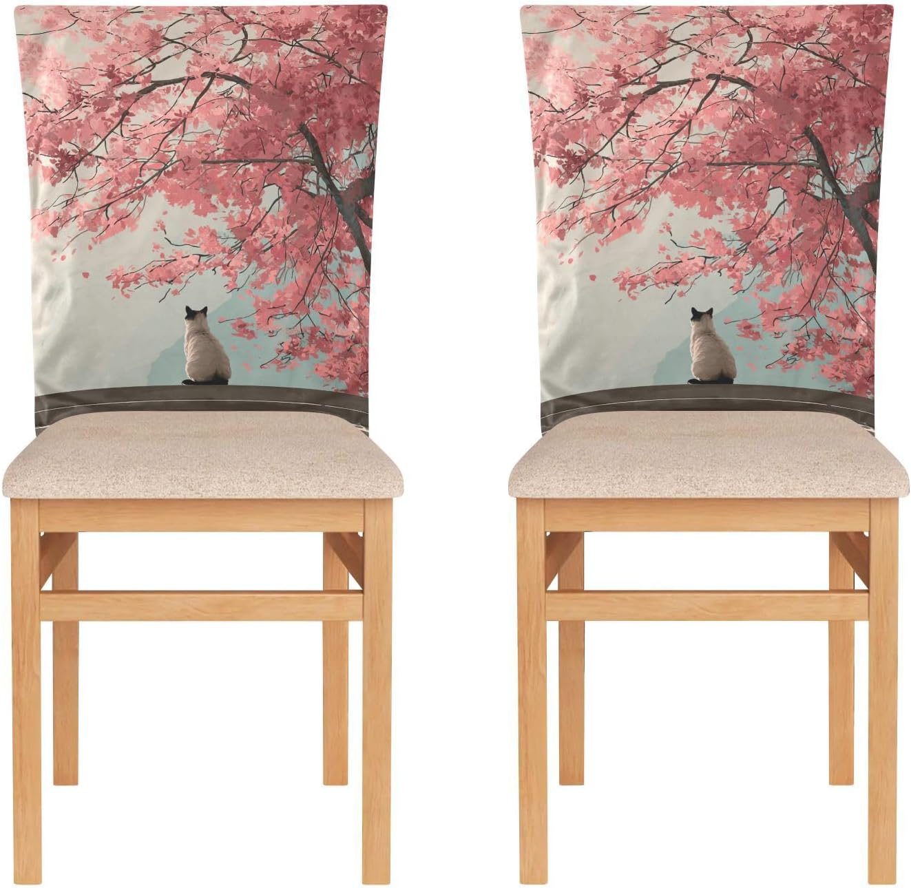 ALAZA Cute Cats Cherry Flowers Japanese Style Chair Back Cover Set of 6, Washable Reusable Removable Chair Slipcovers Decorative Chair Cover for Home Kitchen Wedding Party