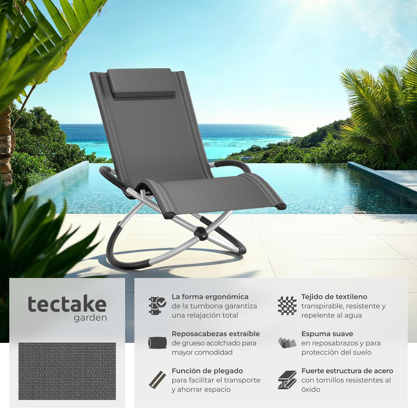 tectake® Tumbona Plegable con Función Balancín, Tumbona Playa Ergonómica, Tumbona Piscina en Acero y Textileno, Tumbona Jardín Exterior, Protección Antivuelco, Carga Máx. 150 kg, Fácil Montaje - Gris