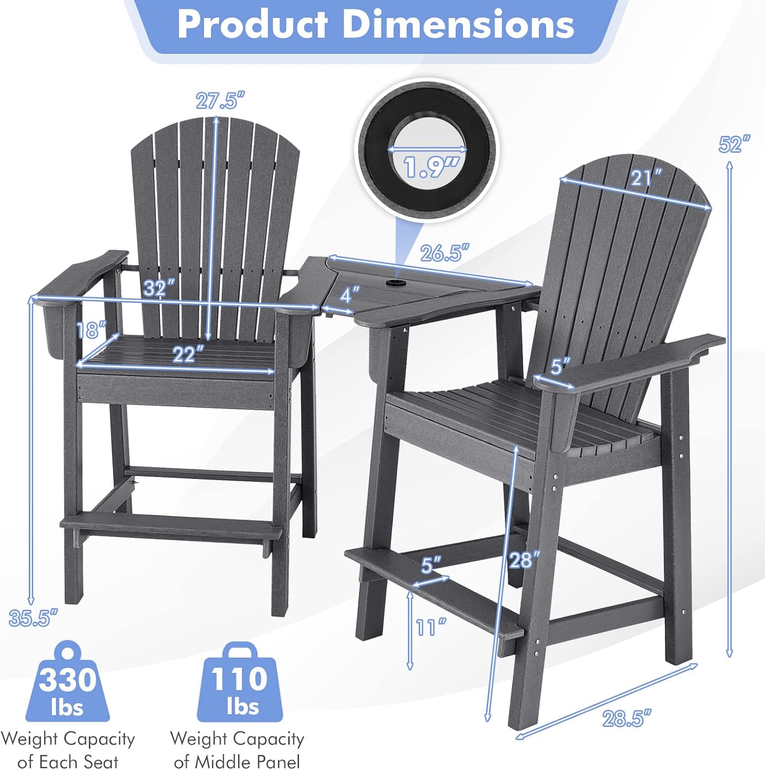 Giantex Tall Adirondack Chair Set of 2 - Outdoor HDPE Barstools w/Middle Connecting Tray & Umbrella Hole, Counter Height Bar Chair, Weather Resistant, Ideal for Patio, Backyard, Poolside (Grey)