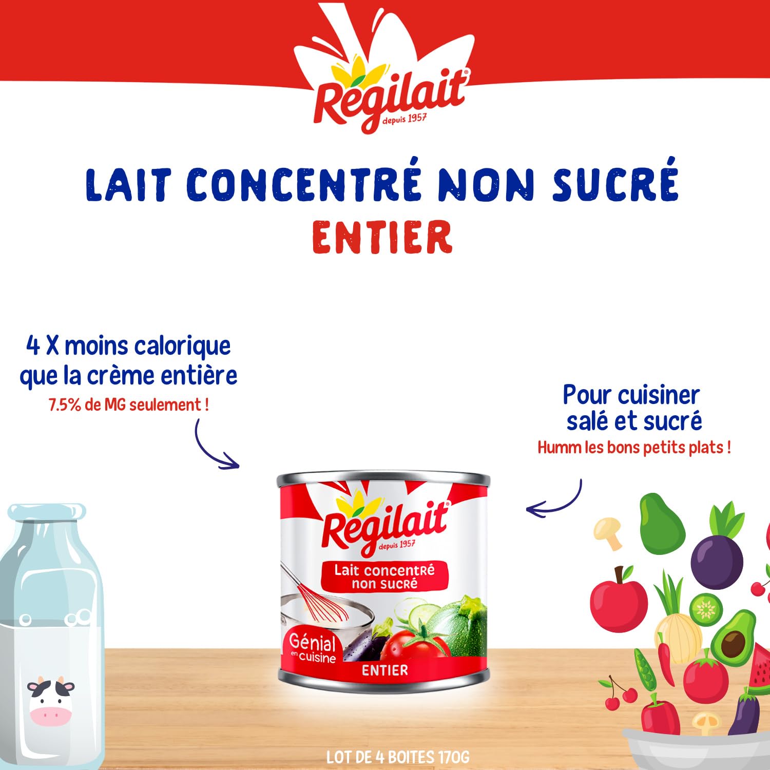 Sublimez vos recettes salées et sucrées avec le lait concentré entier REGILAIT, format pratique 4x170g, saveur authentique du terroir sans sucre ajouté - Lot de 3