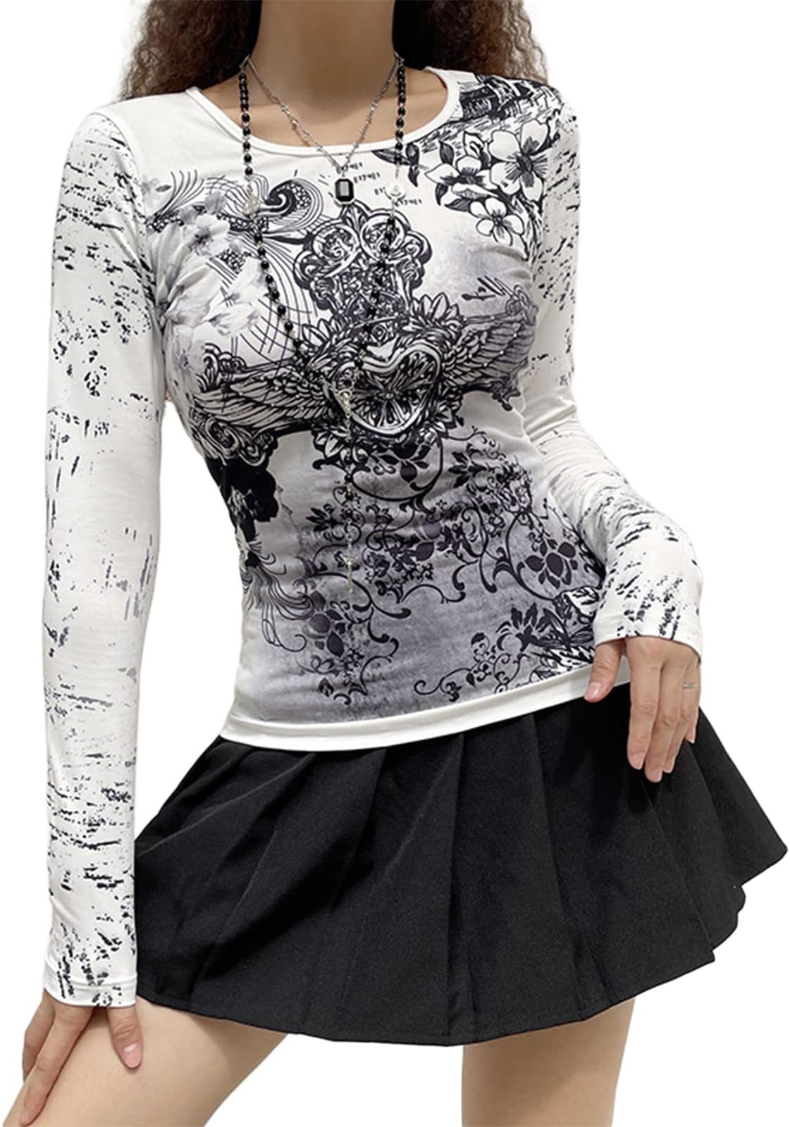 FeMereinaWomen Y2k Long Sleeve Crop Top T-Shirt Slim Fit Graphic Print Goth Hiphop Tee Tops Vintage Harajuku Blouse Streetwear