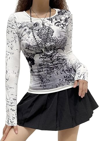 Women Y2k Fairy Grunge Graphic Tees Vintage Long Sleeve T Shirts Aesthetic Blouses Teen Girls Slim Fit Fall Tops Grey# 03, S