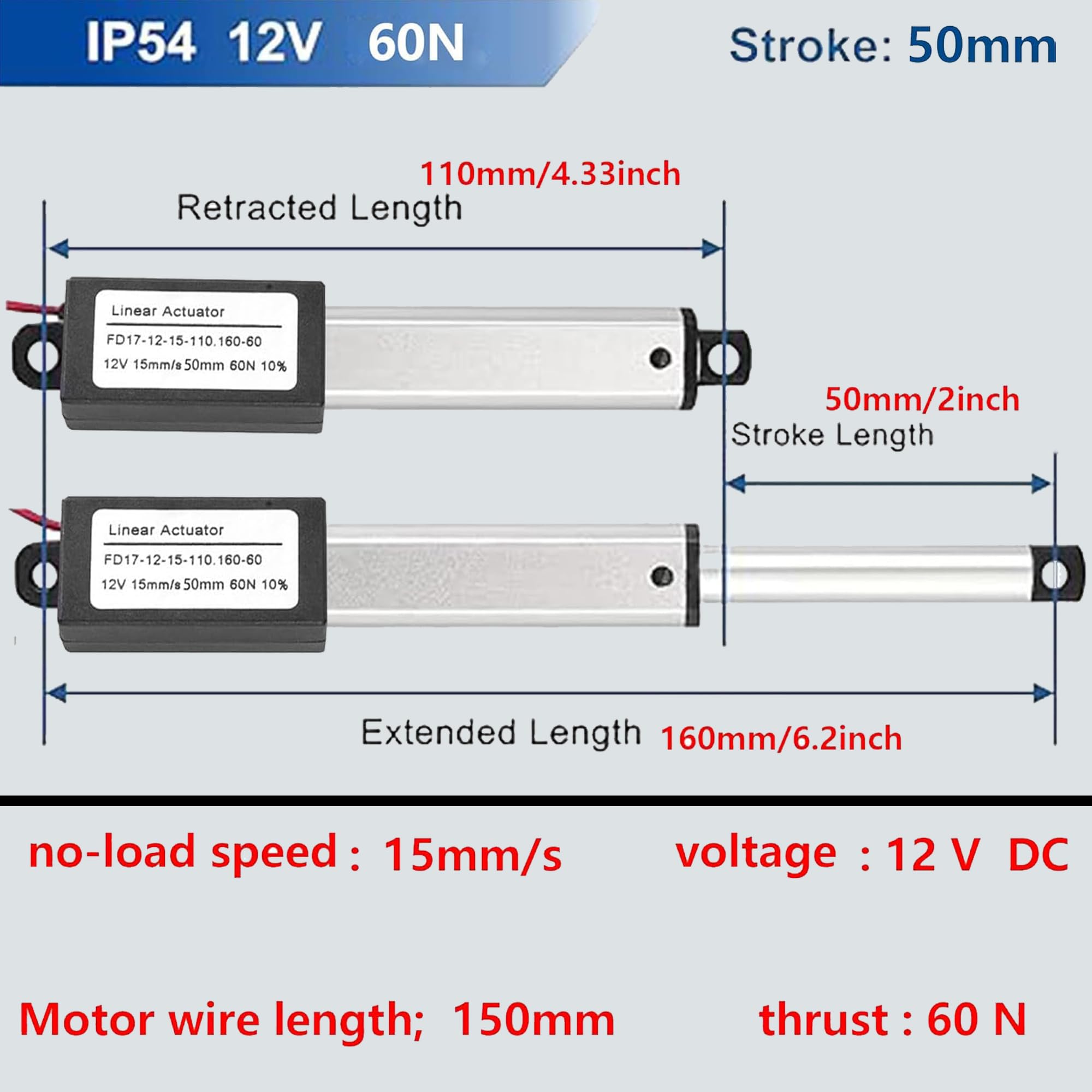 AWINLI - Mini actuador lineal eléctrico de 12 V, carrera de 2 pulgadas, velocidad de 60 N/13 libras, mini actuador de movimiento de metal pequeño con soporte de montaje e interruptor de control