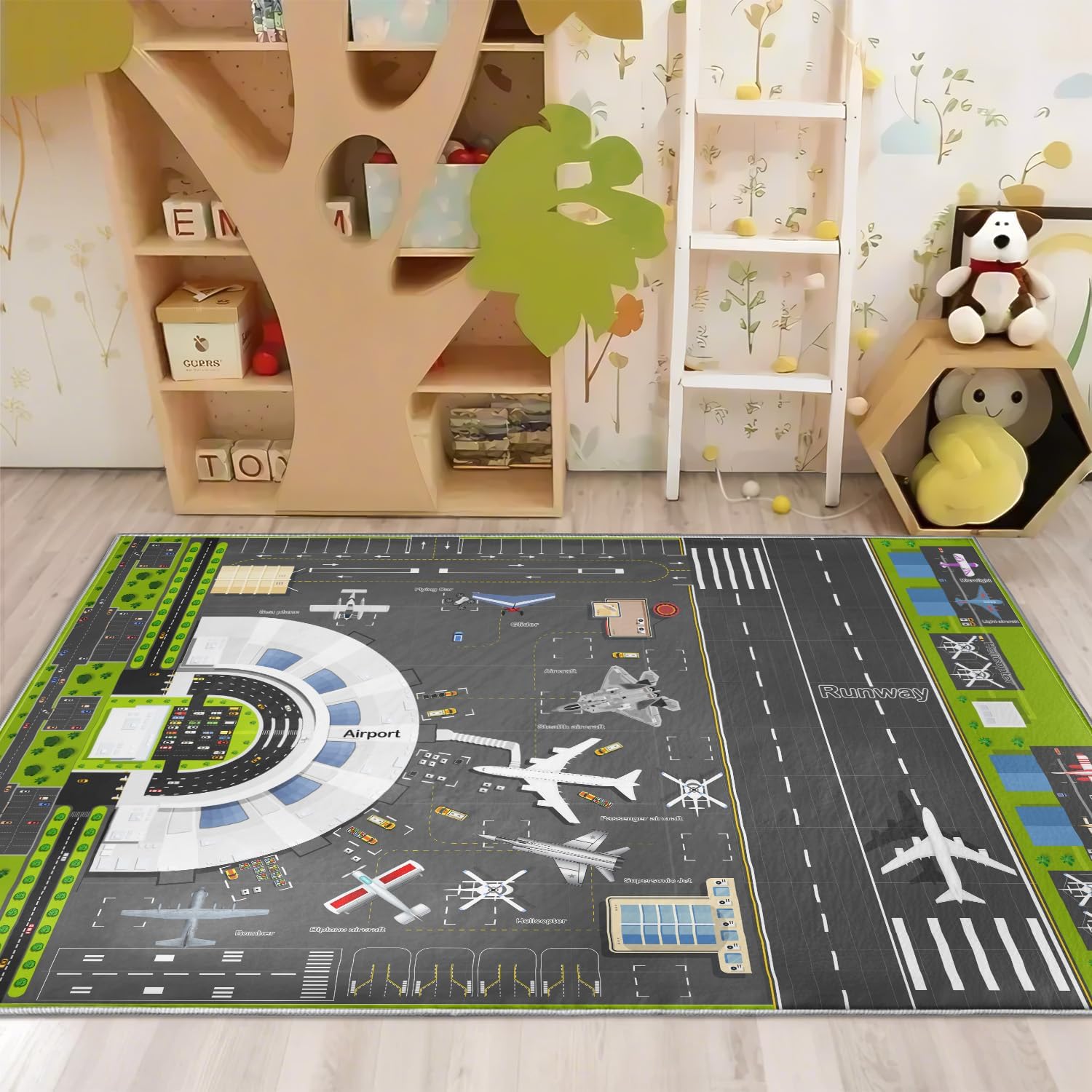 Airport Runway Play Rug for Kids - Interactive Airplane Faux Wool Rug with Aircraft Traffic System Design, Non-Slip Educational Aviation Carpet for Nursery, Playroom & Bedroom Gifts.