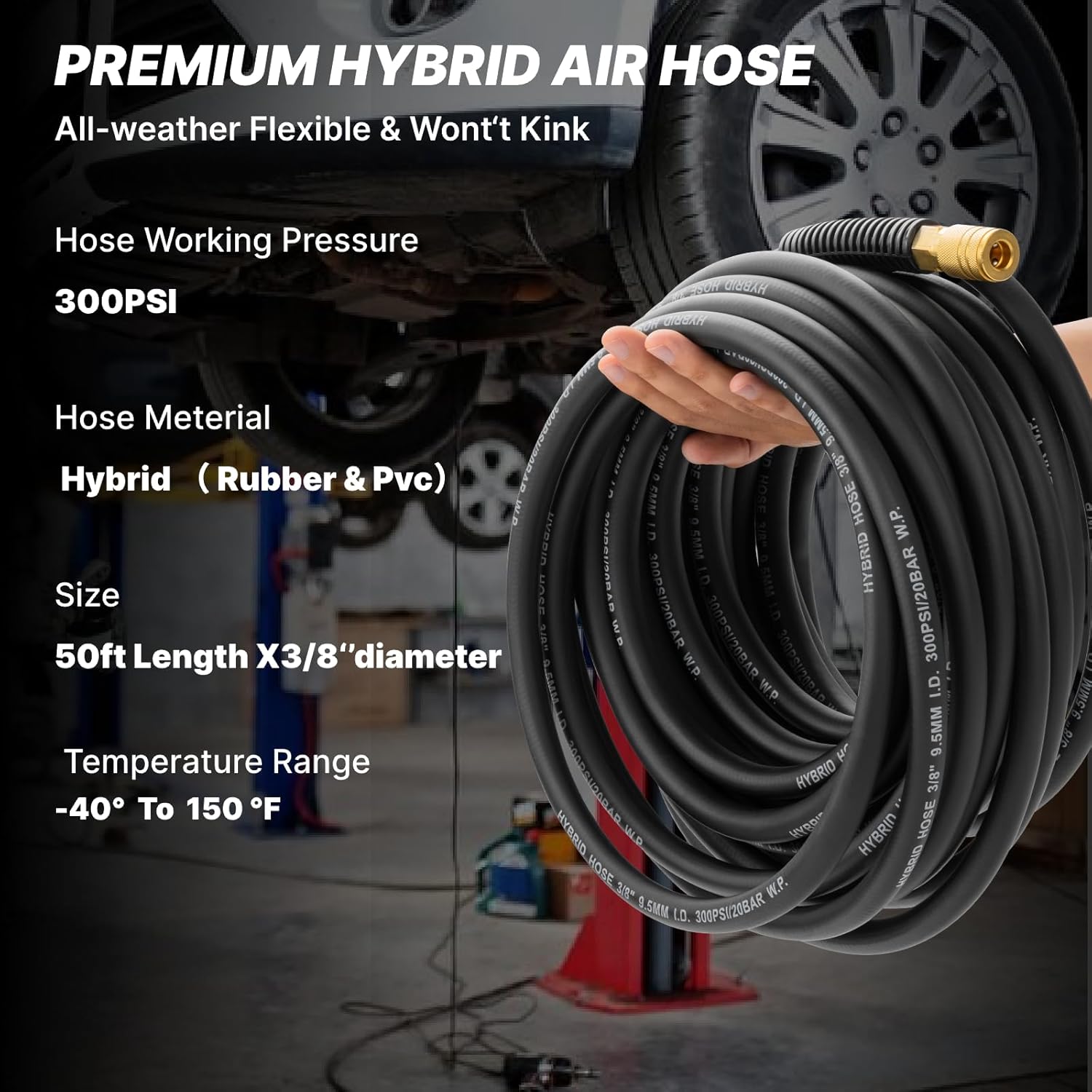 3/8" Hybrid Air Hose, 50Ft Air Compressor Hose,Heavy Duty, Lightweight, Kink Resistant, All-Weather Flexibility with 1/4-Inch Industrial Quick Coupler Fittings, Bend Restrictors, 300 PSI, Black