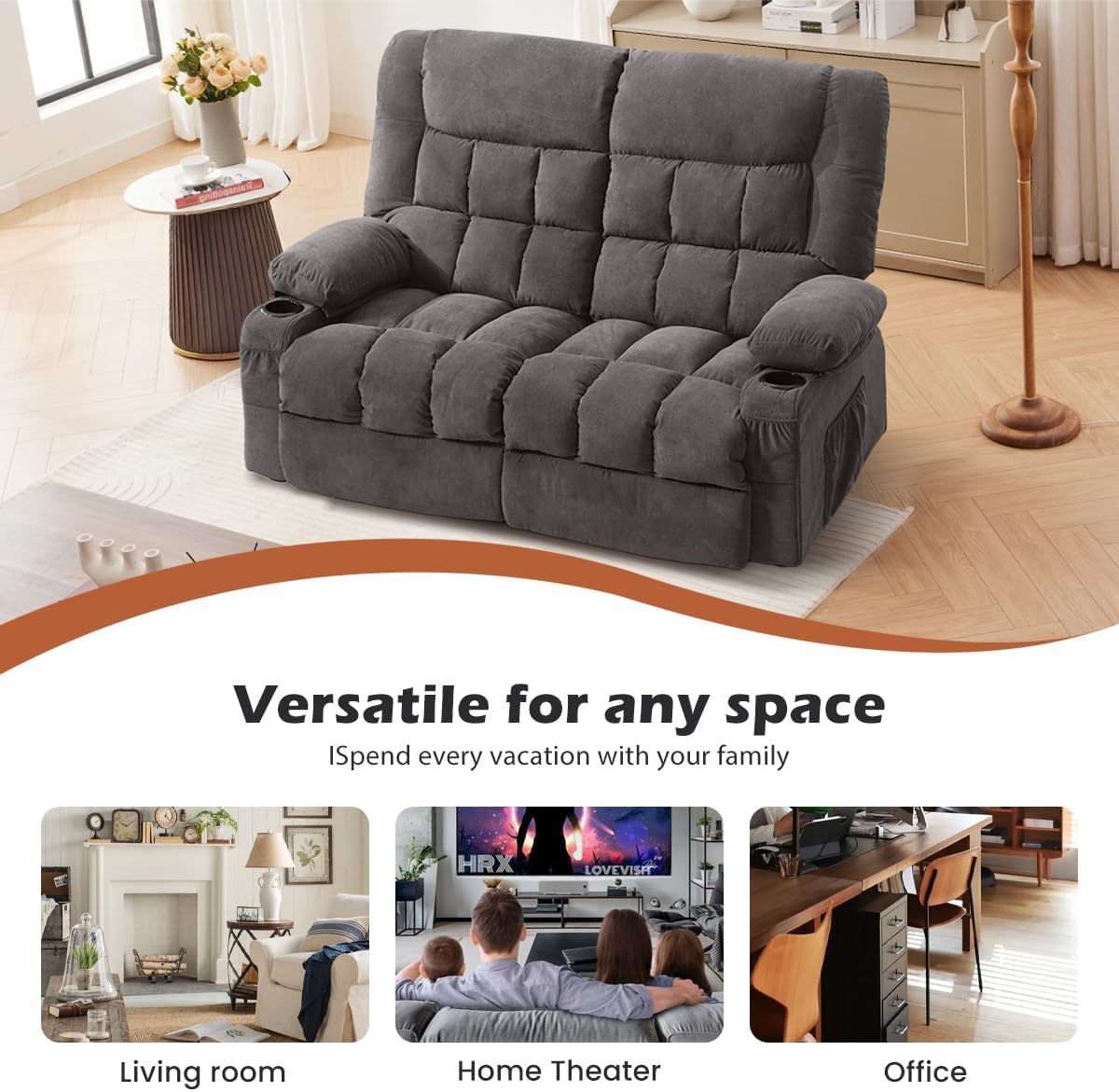 MAHOMICO Recliner Loveseat with Cup Holders for Living Room Love Seat Manual Oversized Recliner with Ergonomic, Side Pocket for Adult view 8