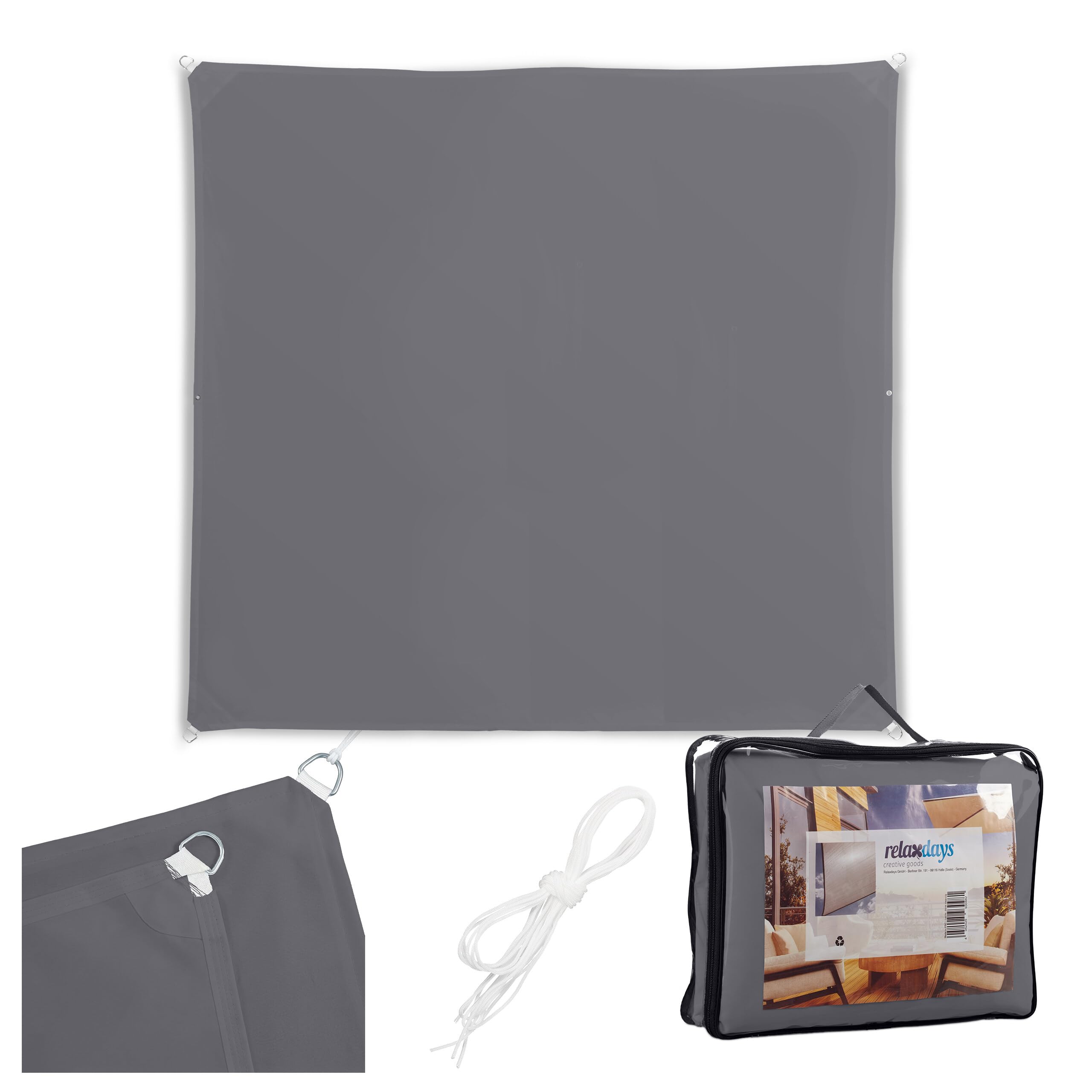 Tente d'ombrage Relaxdays, 5 x 5 m, Polyester, déperlant, œillets & Cordes de Tension, Toile carrée, Gris foncé