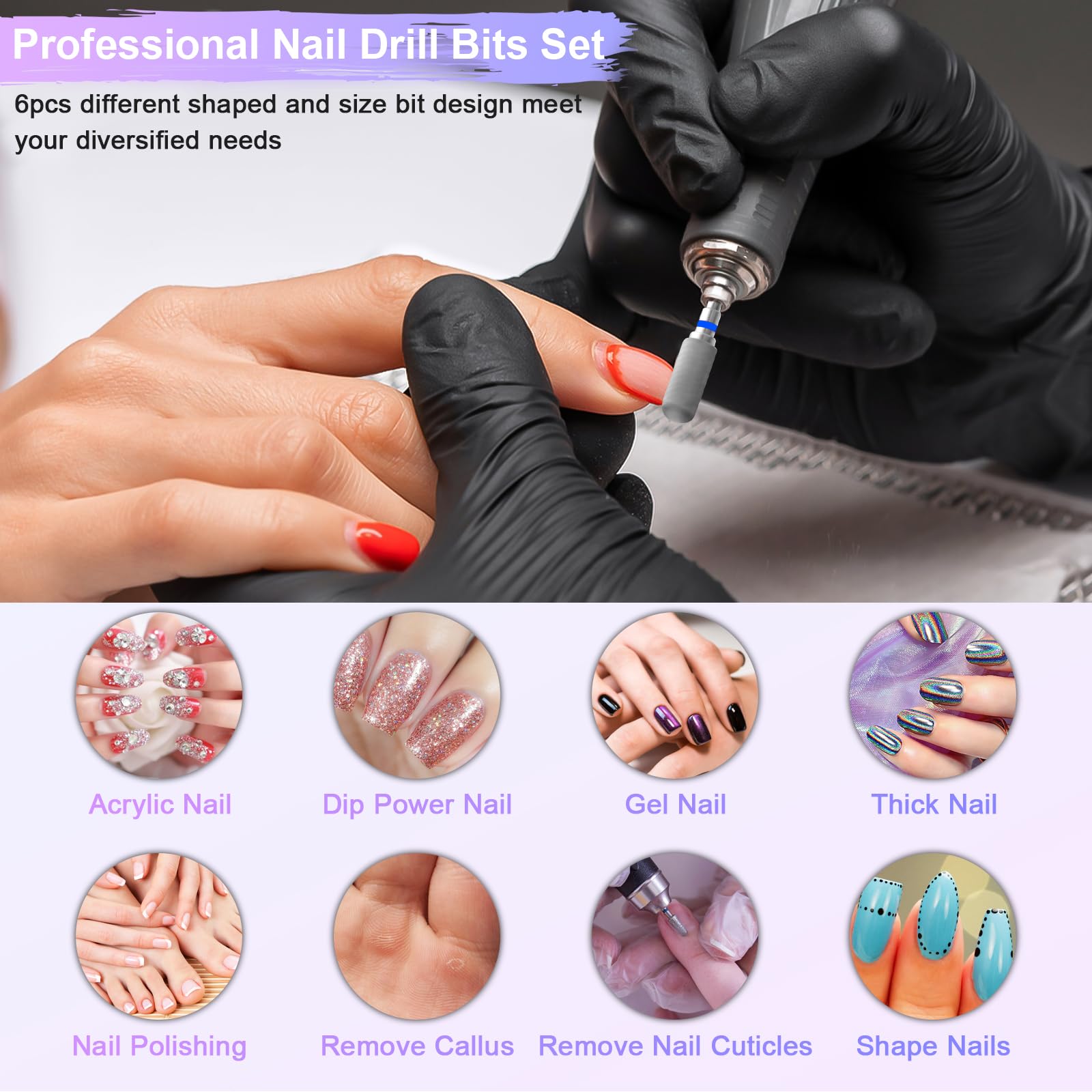 CGBE Punte Fresa Unghie, 6 Pezzi Fresa per Unghie Allegati Teste di Rettifica Macchina in Carburo per Manicure Rimuovere Acrilico o Gel duro Polygel, 3/32 Pollici Punte Fresa Unghie Professionale.