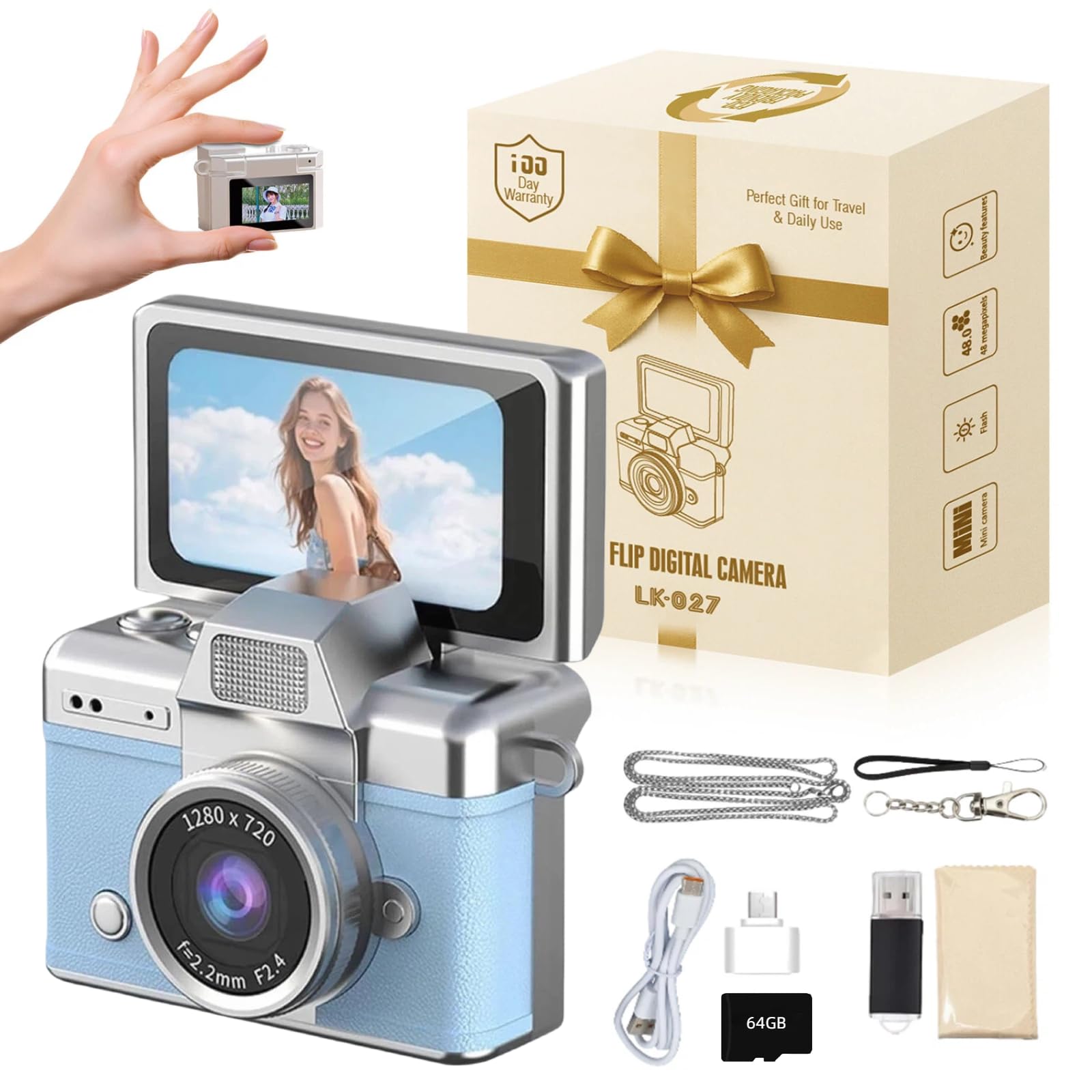 vintage mini digital camera retro mini digital video keychain camera small bodycam 1080p hd 0.96" ips screen type-c 64g card included portable for photography enthusiasts travel (blue)