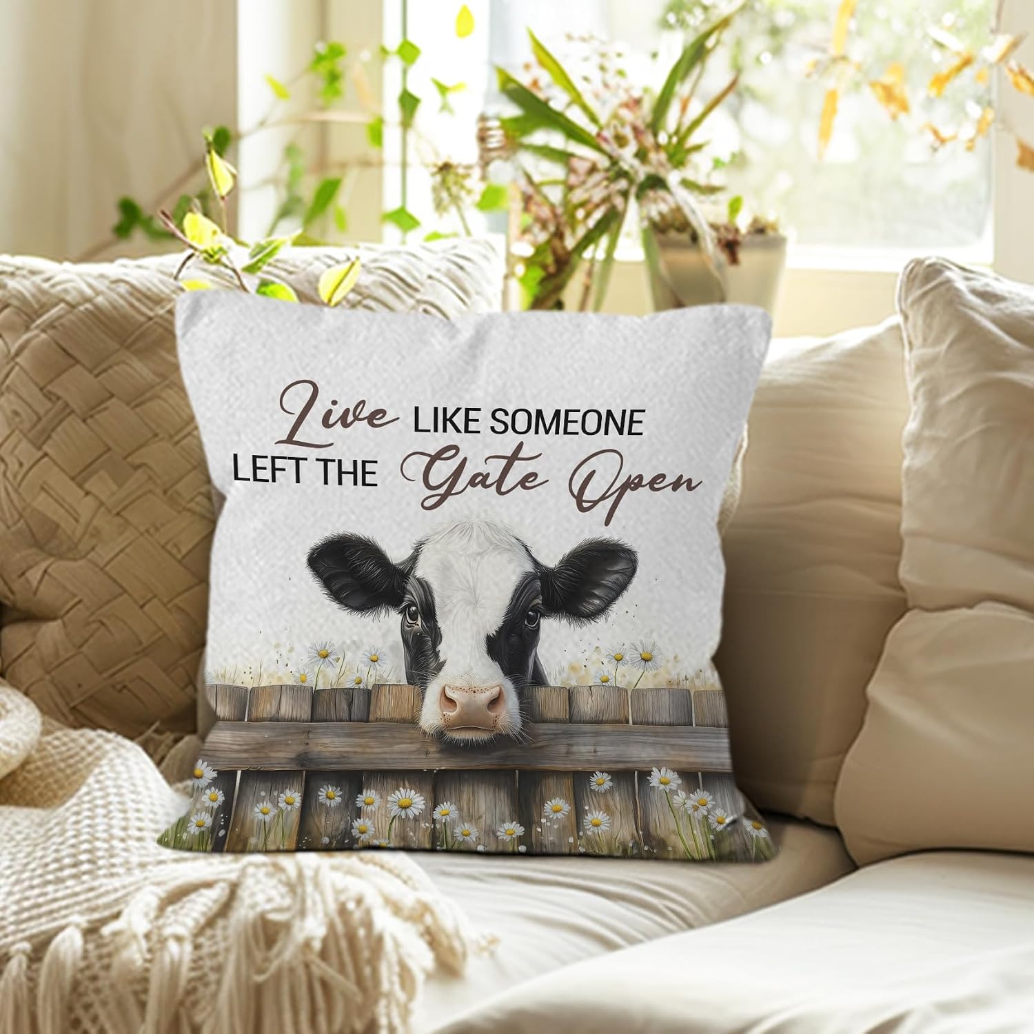 Live Like Someone Left the Gate Open Cow Throw Pillow Covers 18x18,Farmhouse Western Animal Cows Decorative Decorations Pillow Covers for Home Bedroom Couch, Cow Gifts for Women image 5
