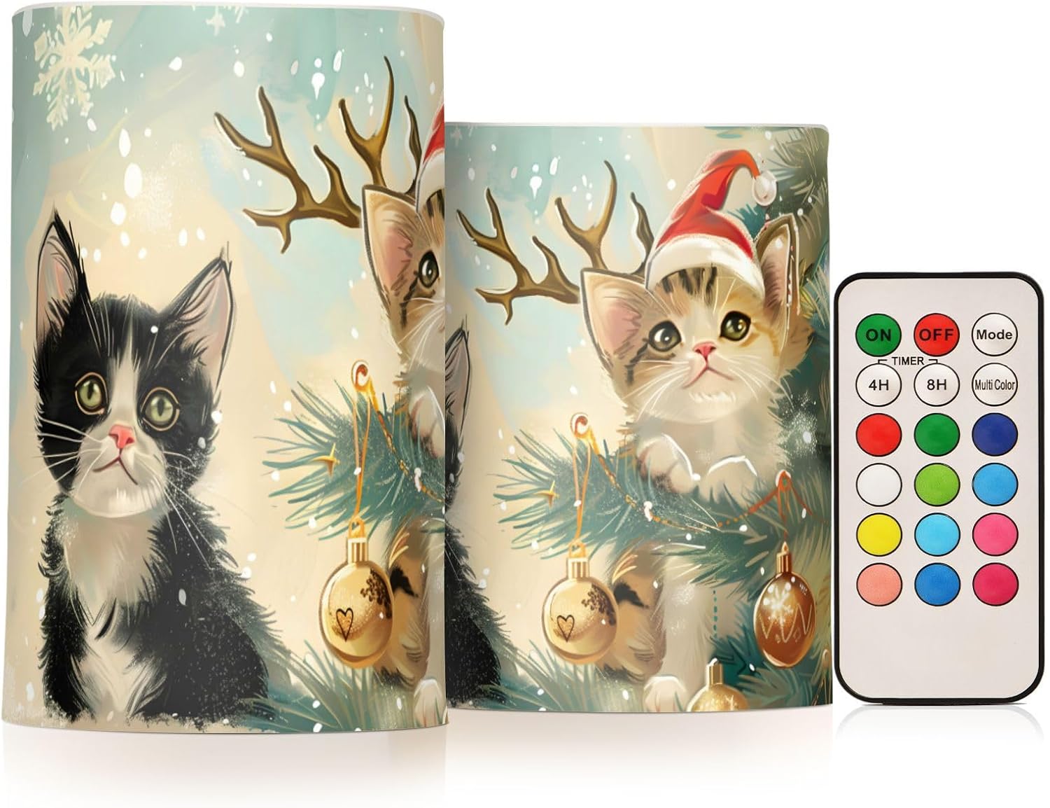 ALAZA Christmas Cat with Tree Decorations04 Flickering Flameless Candles Battery Operated with Remote Timer,Tea Light Candles LED Pillar Votive Candles Set of 2 for Outdoor Indoor