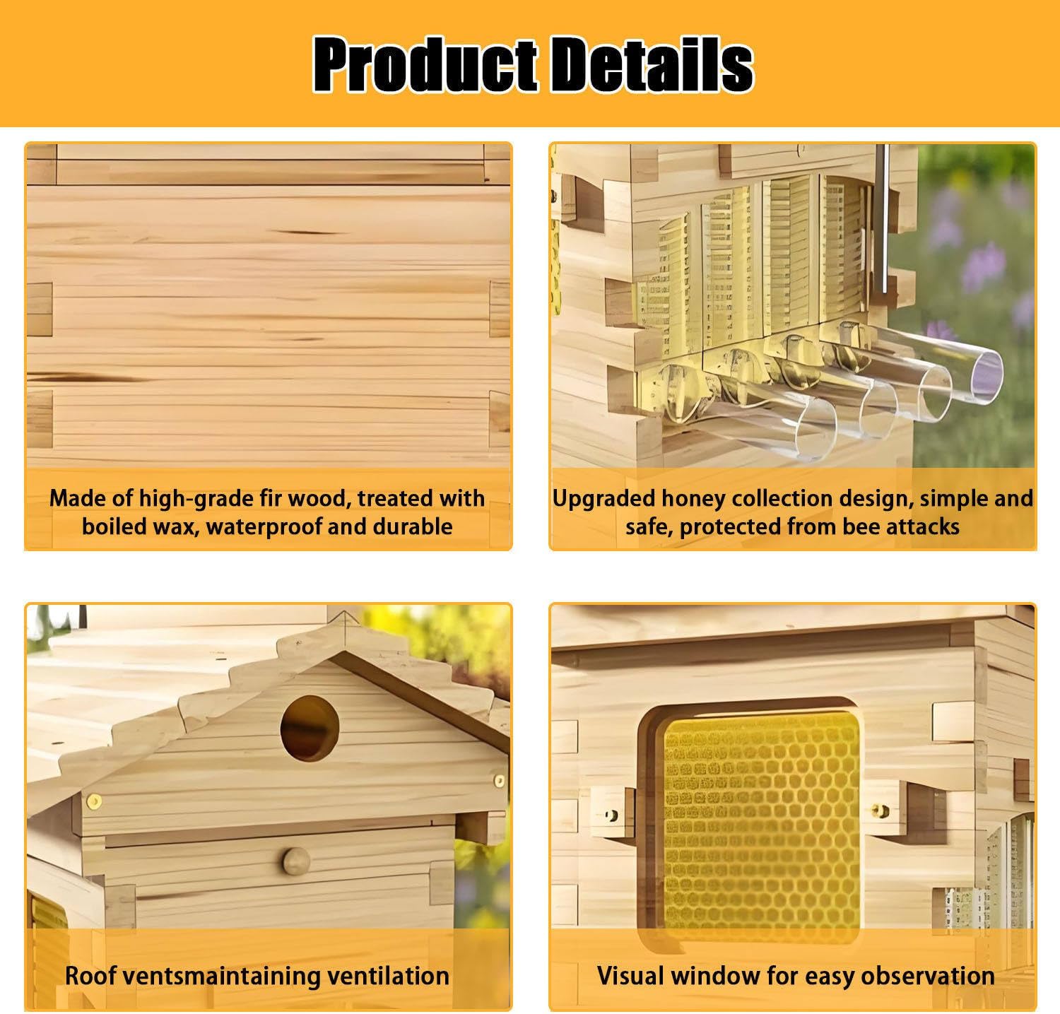 Self-Flow Wooden Beehive Kit with Observation Window & Honey Spout - Ideal Beekeeping Solution for Garden Pollinators, Easy Harvesting & Maintenance