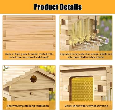 Beehive Starter Kit,Self-Flowing Wooden Bee Box,with Observation Window and Honey Spout,Self-Flow Hive Beehive Starter Kit,for Beekeeping,Garden Pollinators
