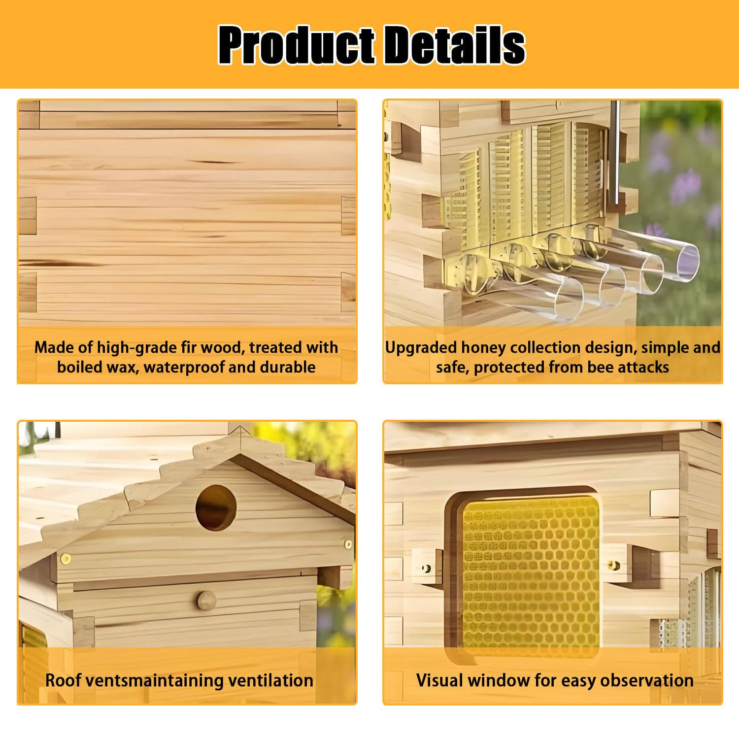 Bienenstock Starter Kit mit selbstfließender Holzbox, Beobachtungsfenster und Honigauslauf für Imkerei und Gartenbestäubung, ideal für Anfänger