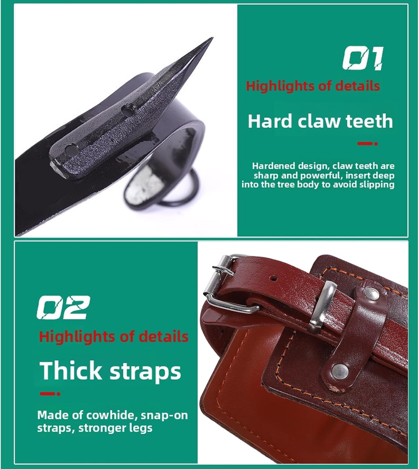 Tree Climbing Spikes Set Tree Climbing Spurs Tree Climbing Gears Carbon Steel Adjustable Height 40-46cm Anti Slip Pedals Cowhide Straps for Tree Work Fruit Picking Forestry