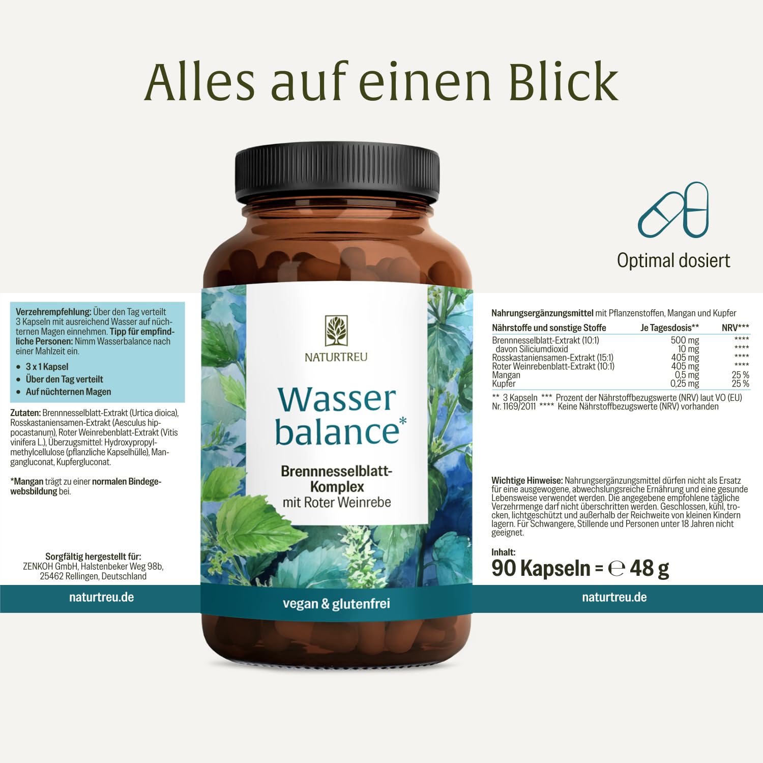 NATURTREU® Brennnessel Kapseln Komplex mit Rosskastanienextrakt und roter Weinlaub Vegan und ohne chemische starke Entwässerungstabletten 90 Wassertabletten