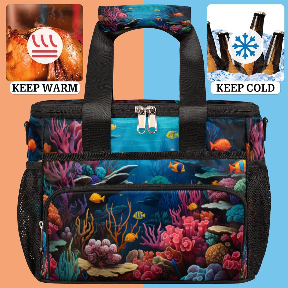 Coral Fish Insulated Picnic Backpack Lunch Box for Women Men Picnic Basket Tote Lunch Bag Picnic Bag Portable Lunch Bags for Picnic, Beach, Work, Trip,Office, Camp Under The Sea World