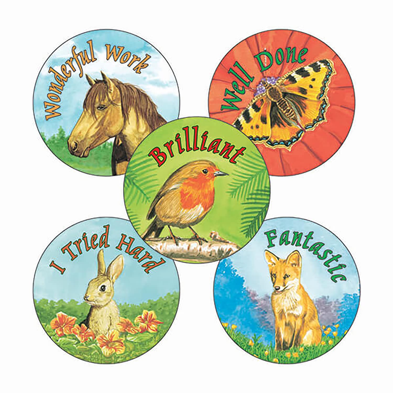 Primary Teaching Services Ltd Multicoloured 150 Brilliant Well Done I Tried Hard Wildlife Animals Childrens Pupils School Praise Teachers Reward Stickers 25Mm Primary Teaching Services
