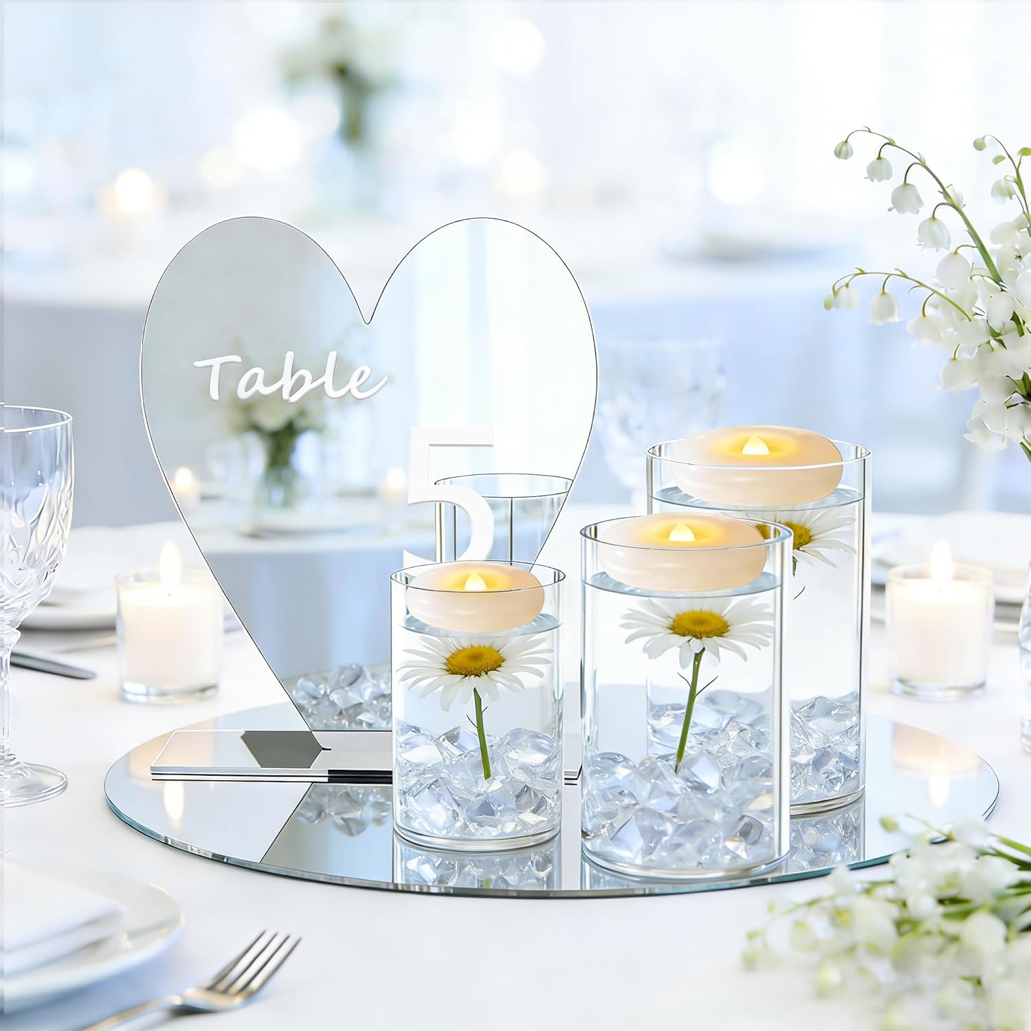 8 PCS Centerpieces Decoration for Wedding Table, 3MM Thick Acrylic Round Mirror Tray, 2 PCS Silver Circle Plate for Party Event, 6 PCS Clear Acrylic Cylinder Vase Candle Holder for Home Decor DIY