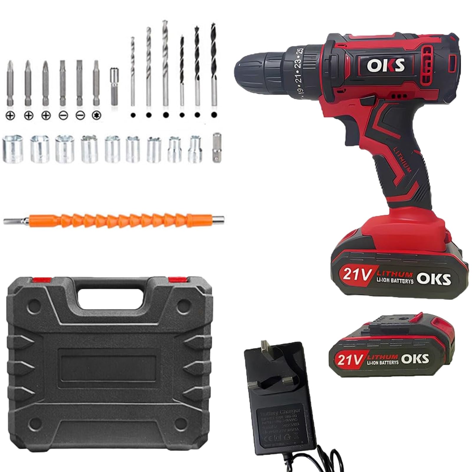 Sports Flyfree Red-1 Cordless Drill Driver, 21V Electric Drill Screwdriver Kit With 25+1 Torque, 2 Speed With 2 Batteries 2.0Ah, Led Light Cordless Combi For Home And Garden Diy Project (Red-1)
