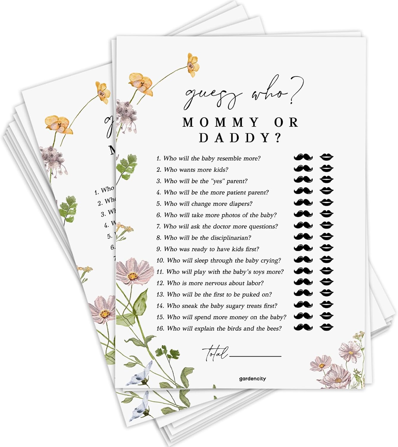 GardenCity Mommy or Daddy Baby Shower Game, Fun Baby Shower Games for Boy or Girl, Gender Neutral, 50 Pack, Wildflower