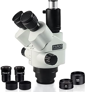 Parco Scientific PZFLZ Lockable 0.7X-4.5X Trinocular Simul-Focal Zoom Stereo Microscope Head, Pair of 10x Widefield (20mm) Eyepieces with Eye-Guards, 0.5X&2X Barlow Lens