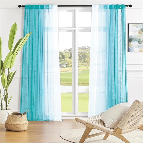 MIUCO Cortinas de lino degradado de 95 pulgadas de largo para dormitorio, sala de estar, cortinas semitransparentes turquesa y blanco, cortinas