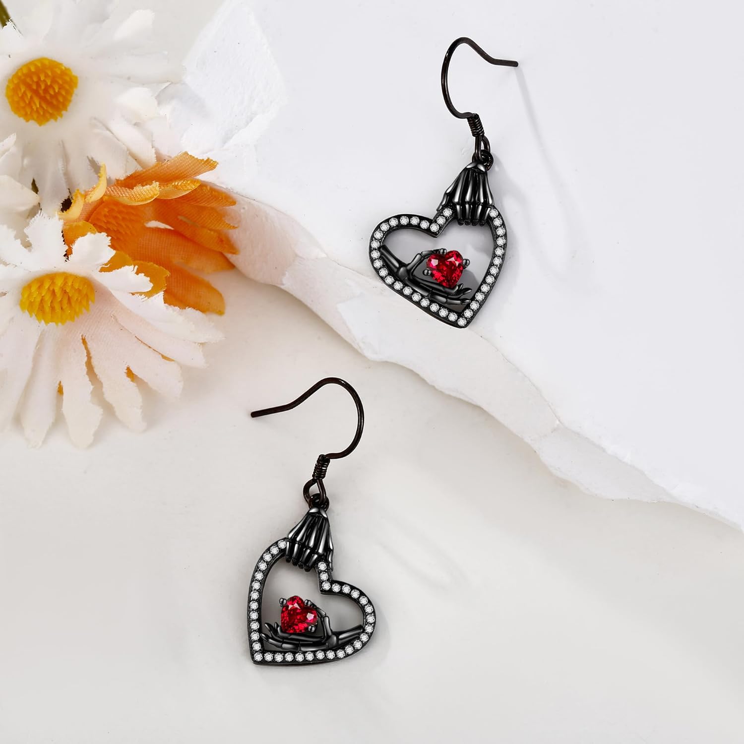 Skull Earrings Sterling Silver Skull Skeleton Hand Heart Dangle Earrings Gothic Jewelry Gifts for Women - Image 2