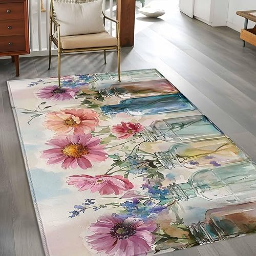 Miniatura 4 de 2.7x5 Area Rugs, Colorful Flowers Non-Skid Rubber Backing Large Rectangle Rugs - Living Room Bedroom Home Office, Country Retro Watercolor Spring