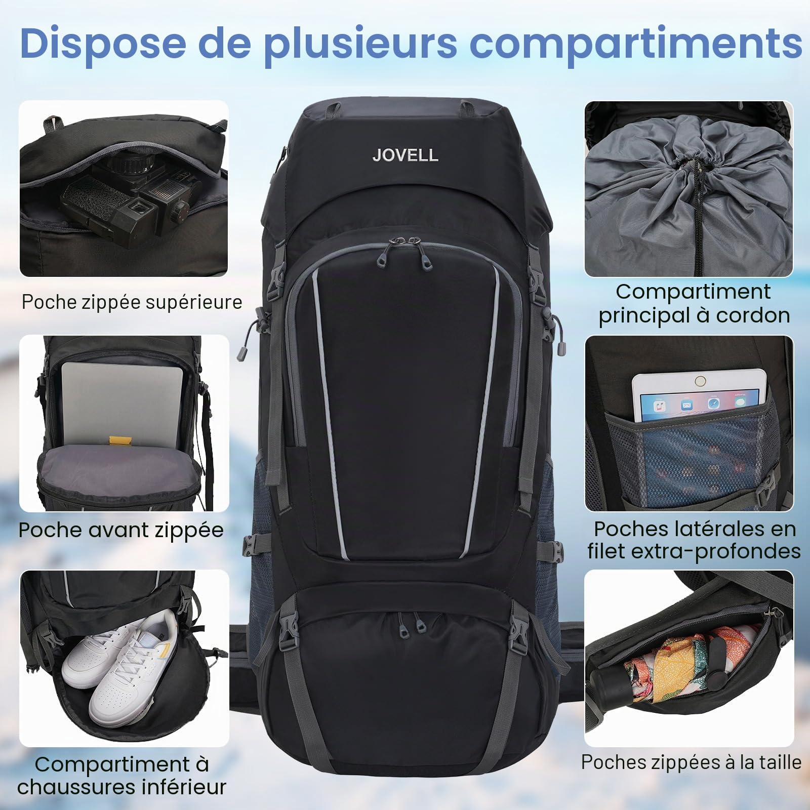 Sac à Dos de Randonnée 70L avec Couvre-pluie, Imperméable pour le Camping et le Voyage. Idéal pour les Sports Outdoor, l'Escalade, le Trekking et la Randonnée. Bagage Homme et Femme (Noir)