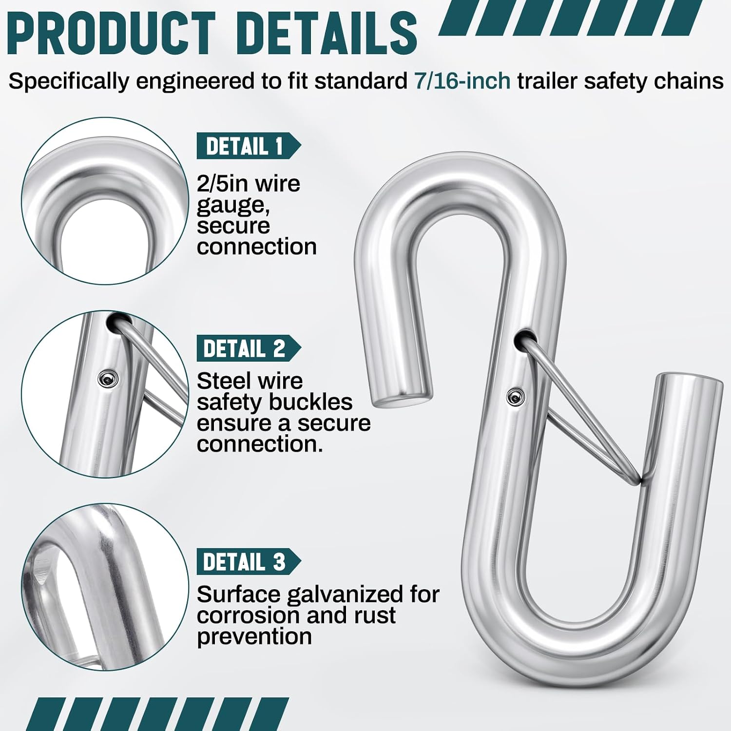 10 Pack 7/16 Inch Trailer Safety Chain S Hook with Latch, 1800 Lbs Working Load Limit, 5500 Lbs Breaking Strength, Heavy Duty S Hook for Towing Lifting Industrial & Cargo Securing