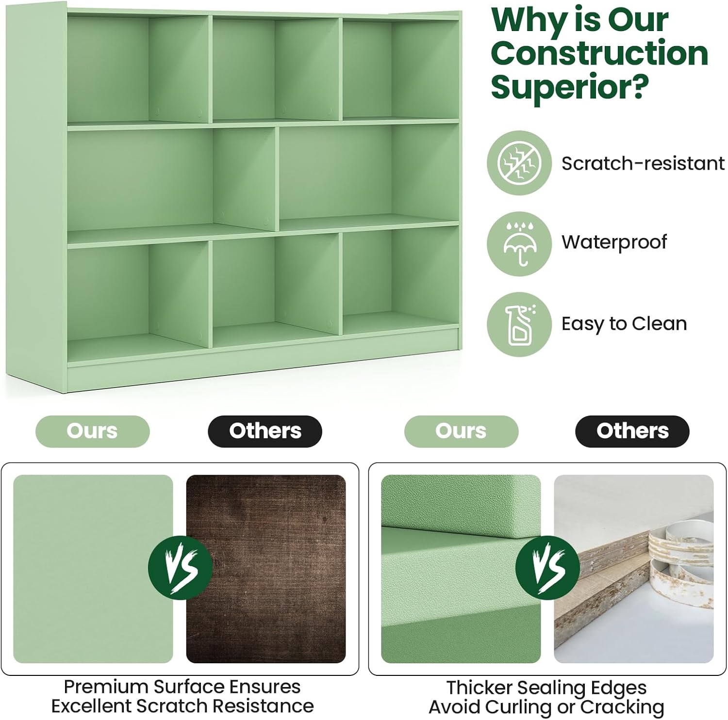 8 Cubes Organizer Bookcase, 3-Tier Open Bookshelf, Horizontal Storage Cabinet with Anti-Tilt Device, Floor Standing Wooden Book Display Shelves for Bedroom, Classroom, Office (Green)