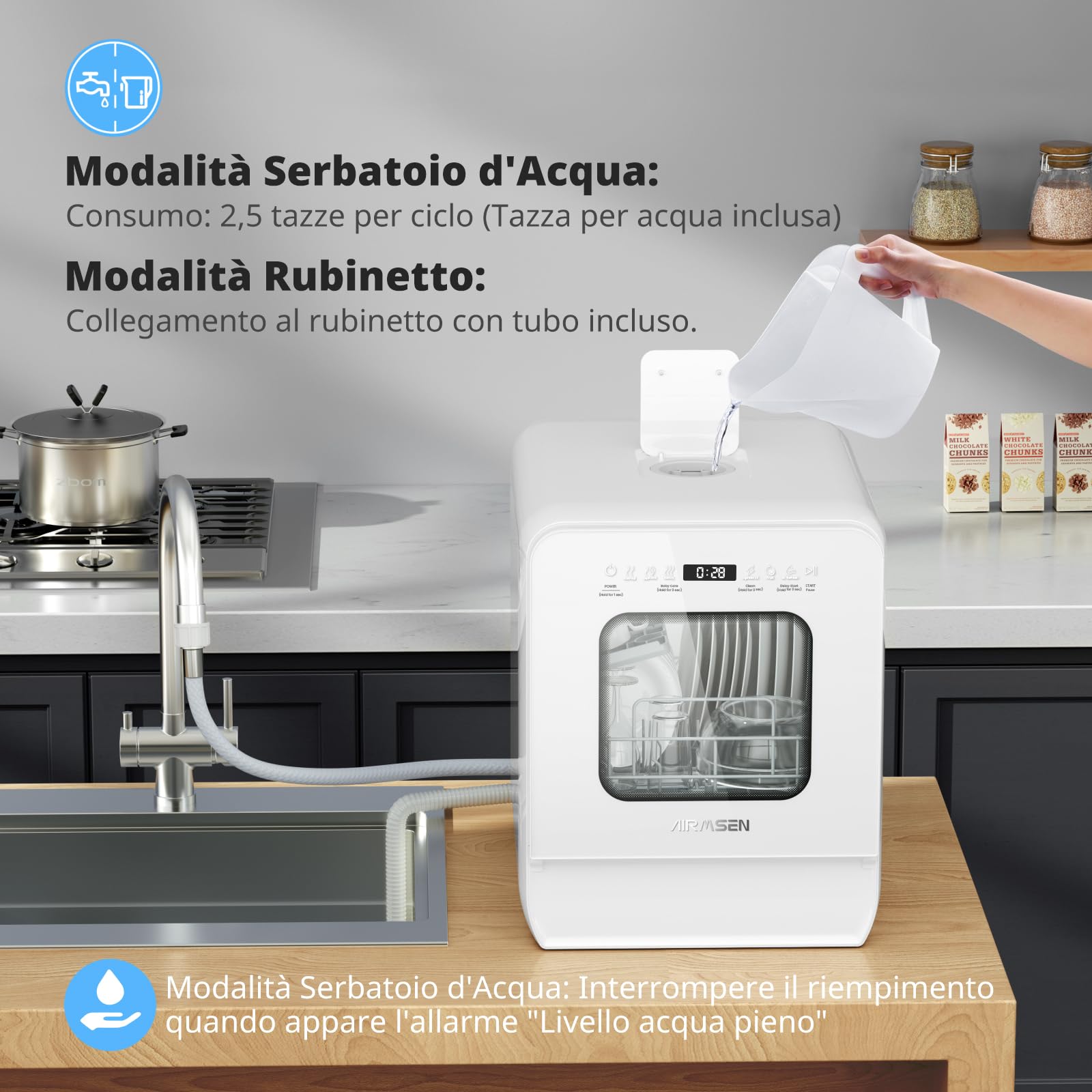 AIRMSEN Lavastoviglie Portatile, 7+2 Programmi, Serbatoio 5L, 4 Coperti, Design Ultra-Stretto 37x50cm, Avvio Ritardato 1-24H Doppio Getto 360°, Con/Senza Tubo Per Cucina, Appartamento,Bianco (Bianco)