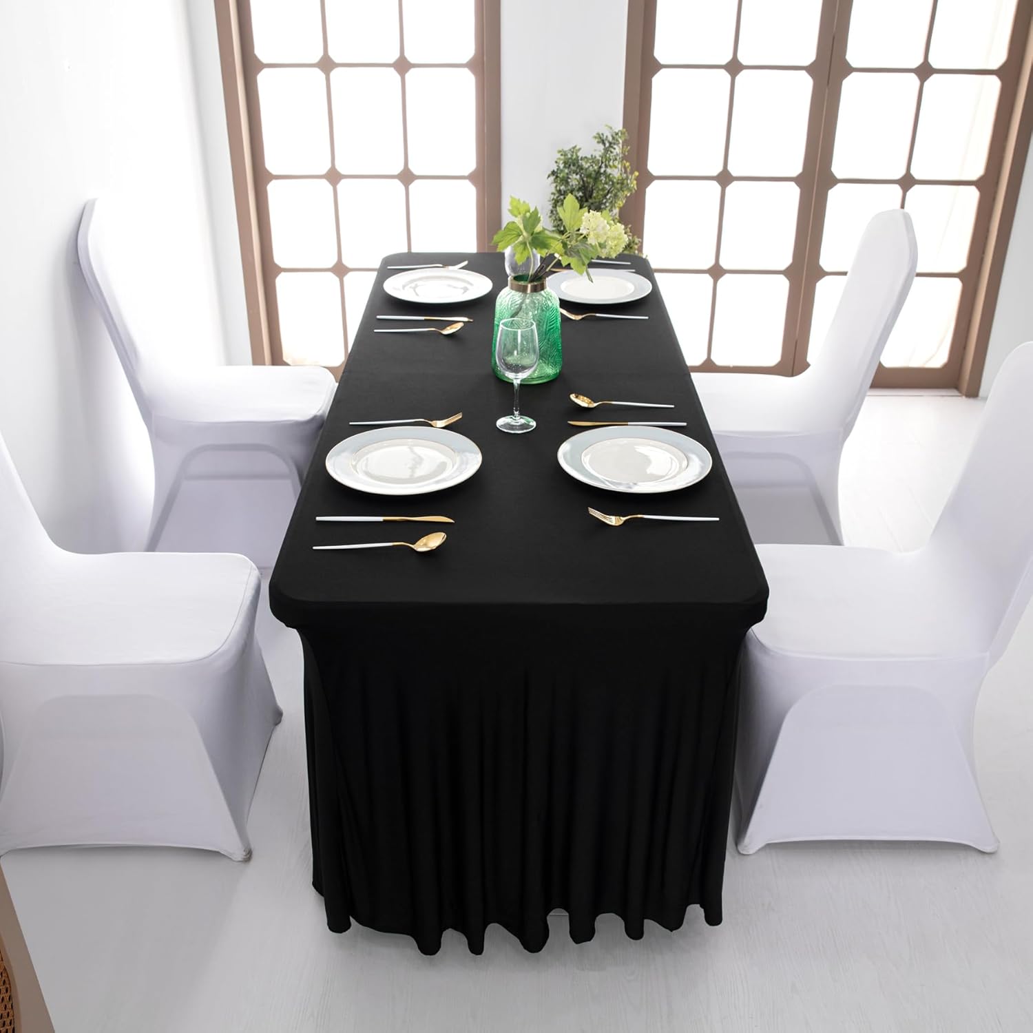 Fitted Polyester One-Piece Table Skirt Spandex Table Cover Rectangle Tablecloth Wrinkle Resistant for Wedding Party Events (Purple, 8ft)