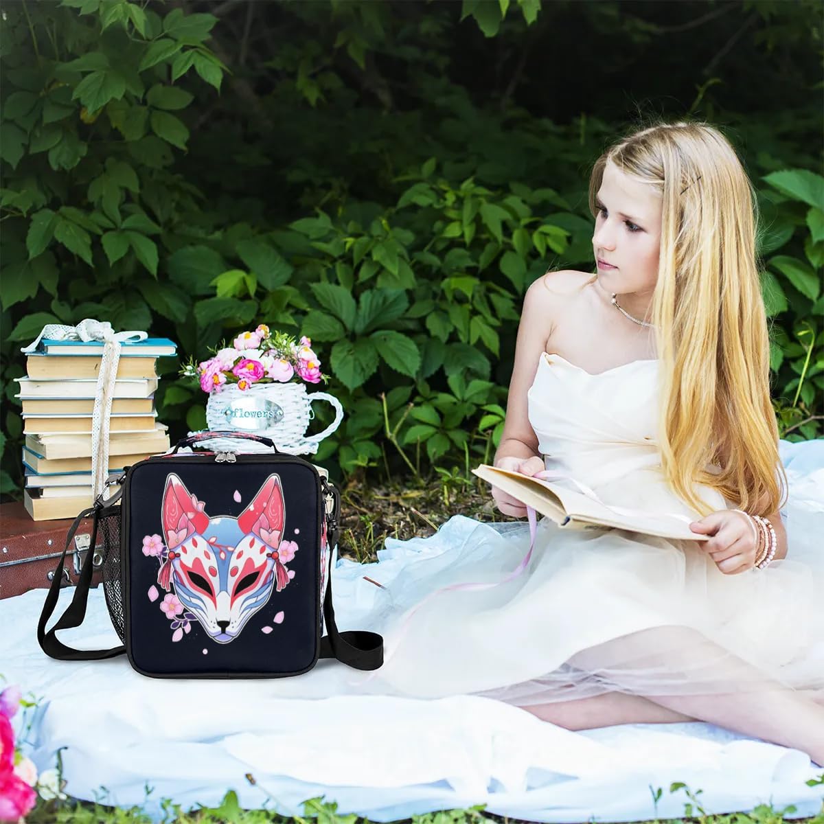 Lunch Box for Kids Girls Boys Japanese Fox Mask Lunch Bags for Teens Freezable Insulated Lunch boxes for School, Picnic, Cooler Tote Bag with Adjustable Shoulder Strap