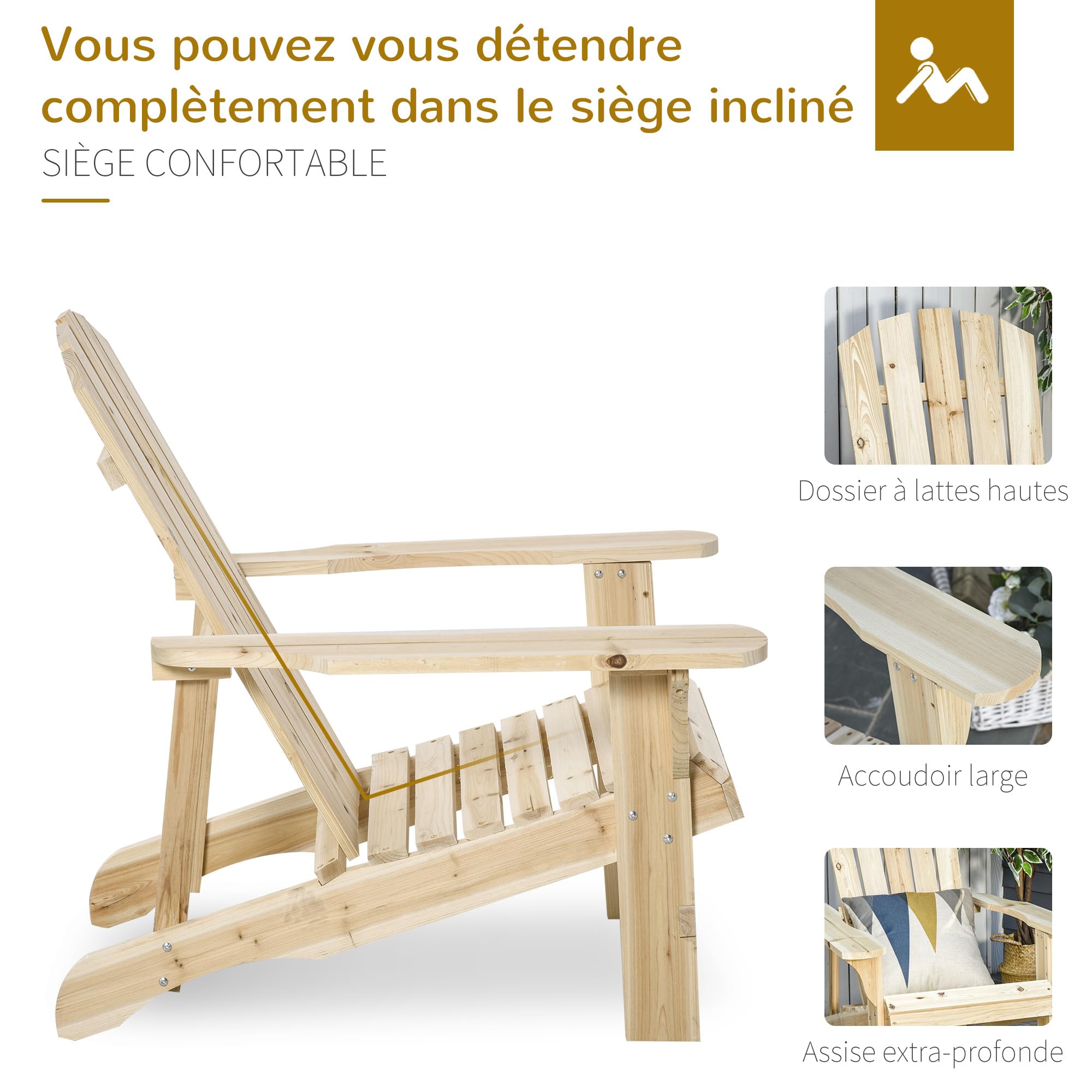 Outsunny Fauteuil Adirondack Fauteuil de Jardin Chaise de Jardin de Plein Air dim. 78L x 89P x 88H cm Bois Massif Sapin Naturel pour Jardin, Terrasse et Balcon