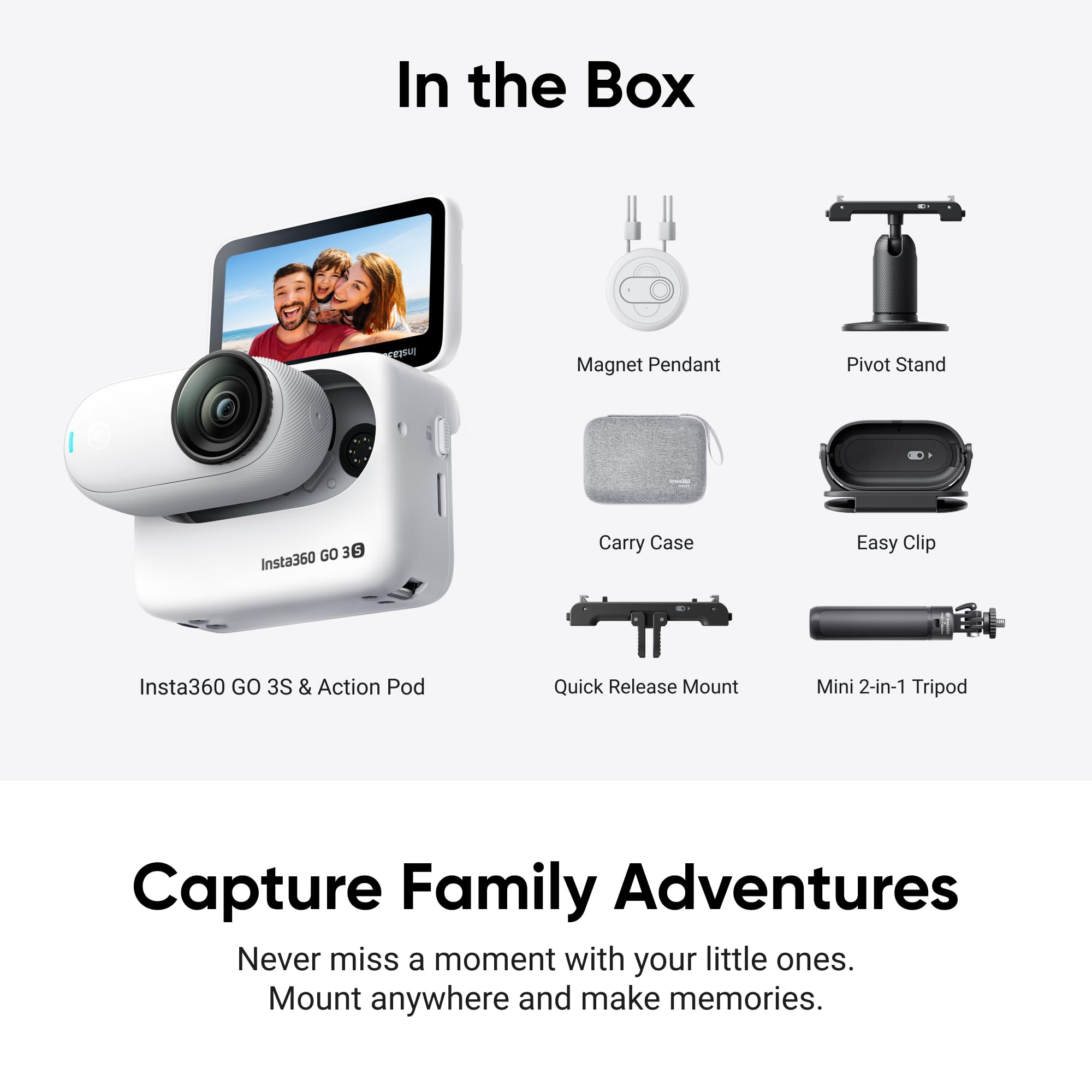 Insta360 GO 3S - 128 GB Black 4K Tiny Portable Vlogging Camera, Hands-Free POVs, Mount Anywhere, Stabilization, 140 Min Battery Life, 10m Waterproof, Pet POV: Insta360 GO 3S - 128 GB Family Bundle White 4K Tiny Portable Vlogging Camera, Hands-Free POVs, Mount Anywhere, Stabilization, 140 Min Battery Life, 10m Waterproof, Pet POV