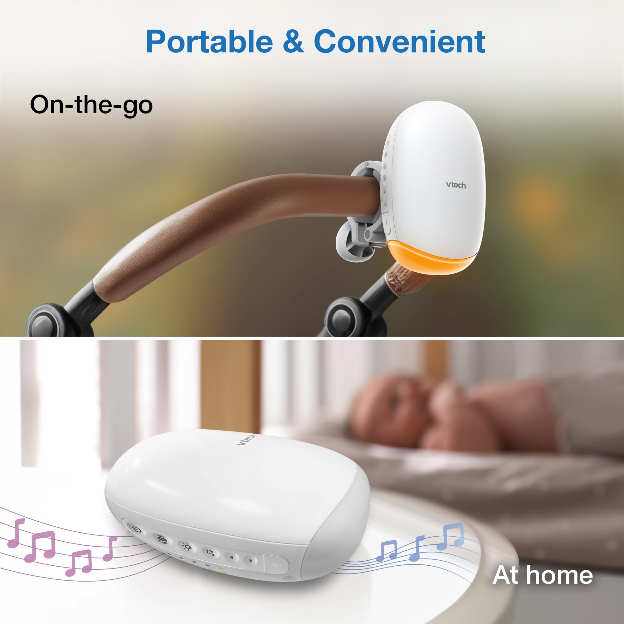 VTech Cochecito de bebé con luz nocturna ámbar, canciones dulces, sonidos relajantes, batería recargable de larga duración, USB-C, chupete portátil, movimientos de balanceo ajustables y volumen