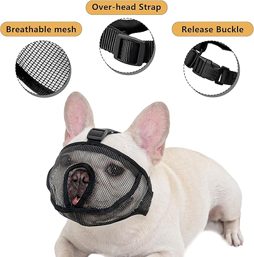 Miniatura 2 de Ohcozzy Bozal corto para perro, bozal de malla Breathe Bulldog con hebilla ajustable, perro para morder ladrar y masticar (XL, negro)