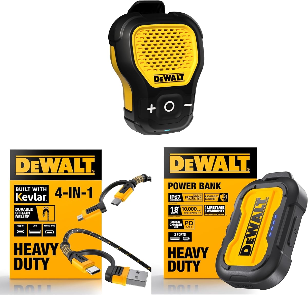 DEWALT Altavoz Bluetooth portátil, cargador portátil Power Bank | Viene con cable de carga 4 en 1, diseño portátil compacto y duradero